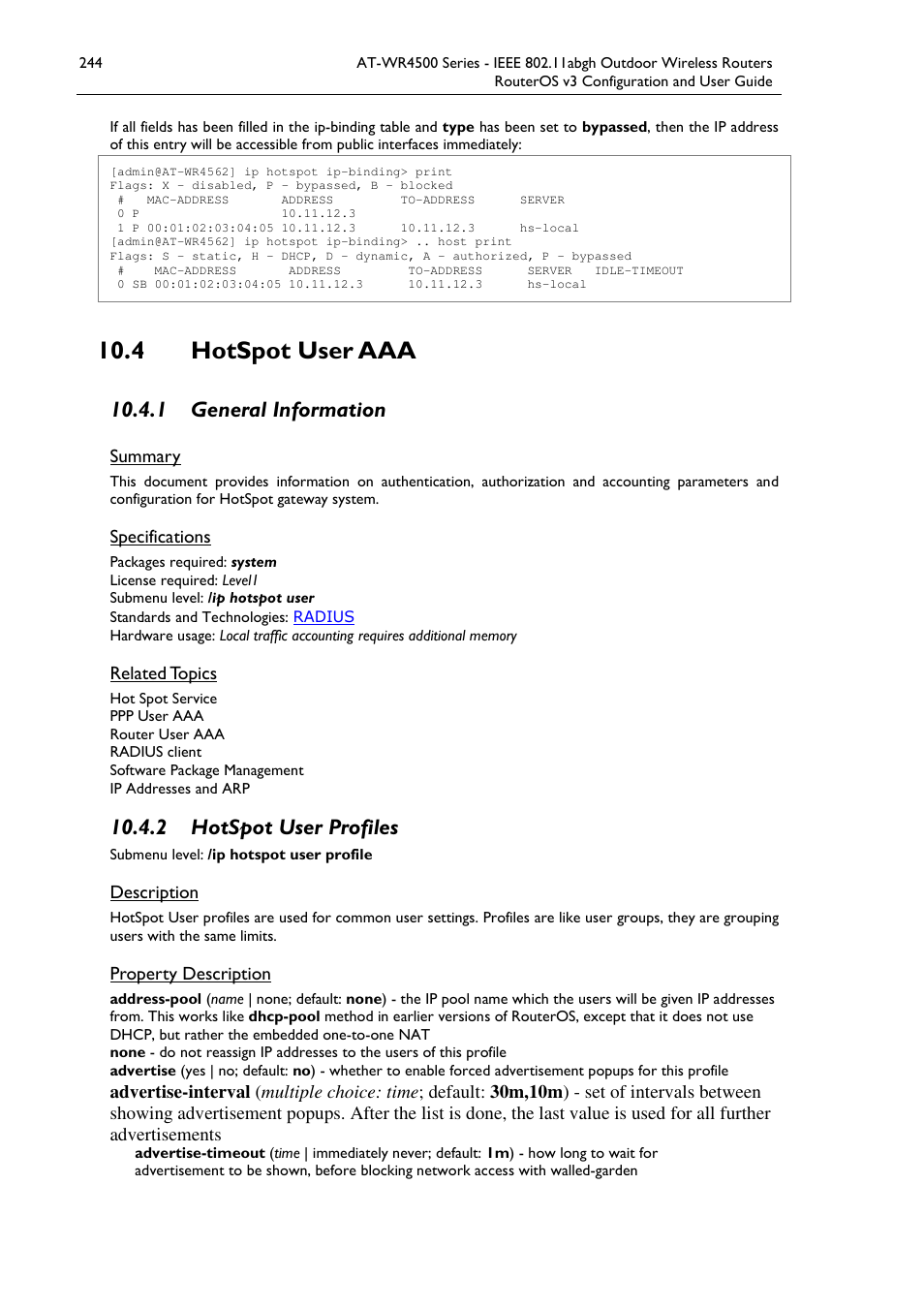 4 hotspot user aaa, 1 general information, 2 hotspot user profiles | Allied Telesis AT-WR4500 User Manual | Page 244 / 264
