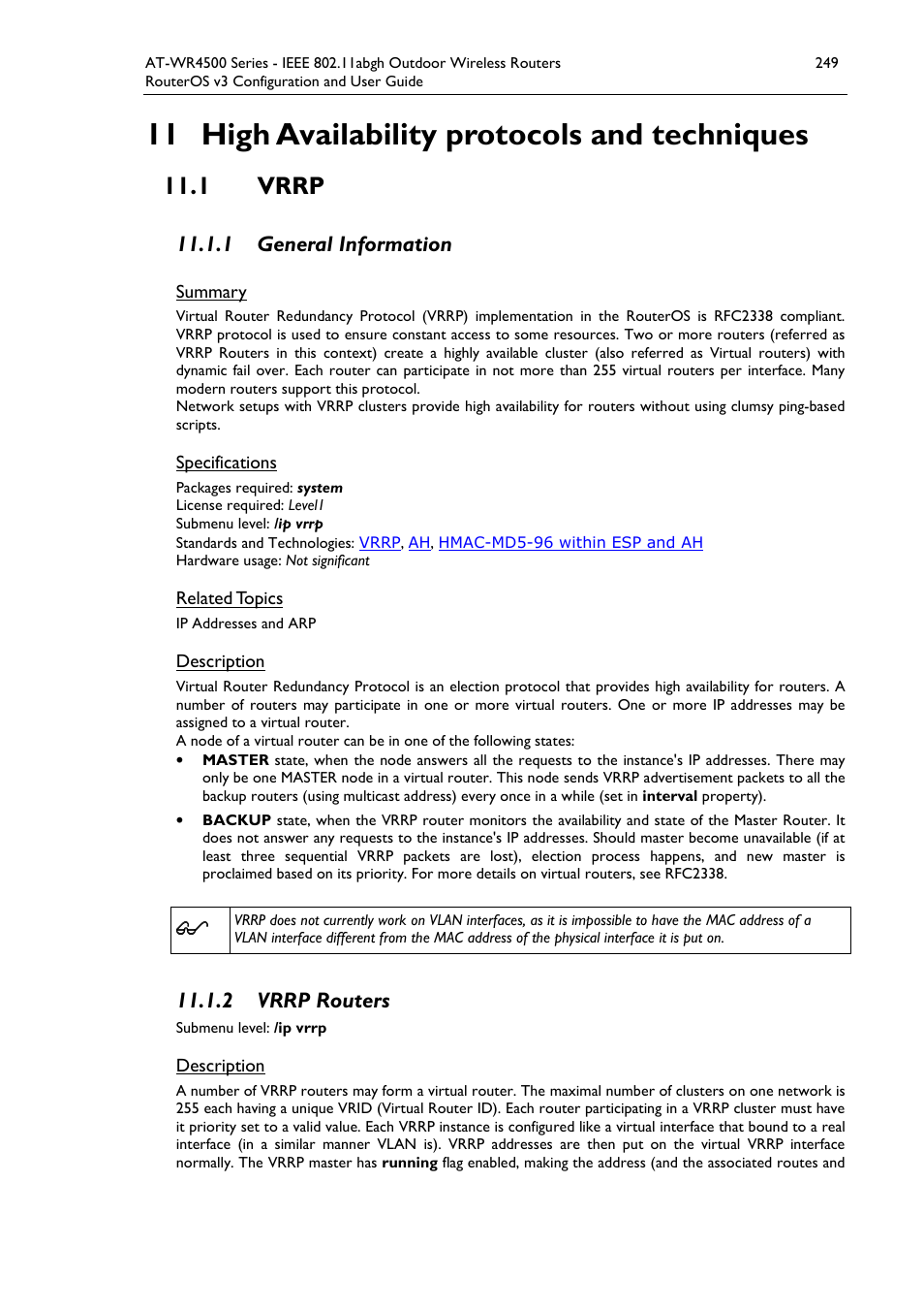 11 high availability protocols and techniques, 1 vrrp, 1 general information | 2 vrrp routers | Allied Telesis AT-WR4500 User Manual | Page 249 / 264