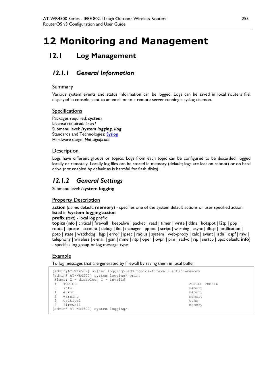 12 monitoring and management, 1 log management, 1 general information | 2 general settings | Allied Telesis AT-WR4500 User Manual | Page 255 / 264