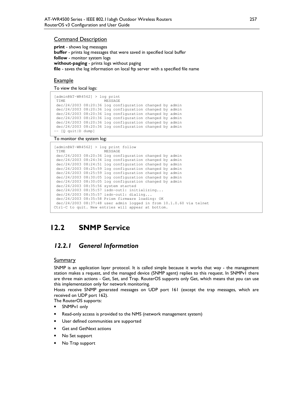 2 snmp service, 1 general information | Allied Telesis AT-WR4500 User Manual | Page 257 / 264