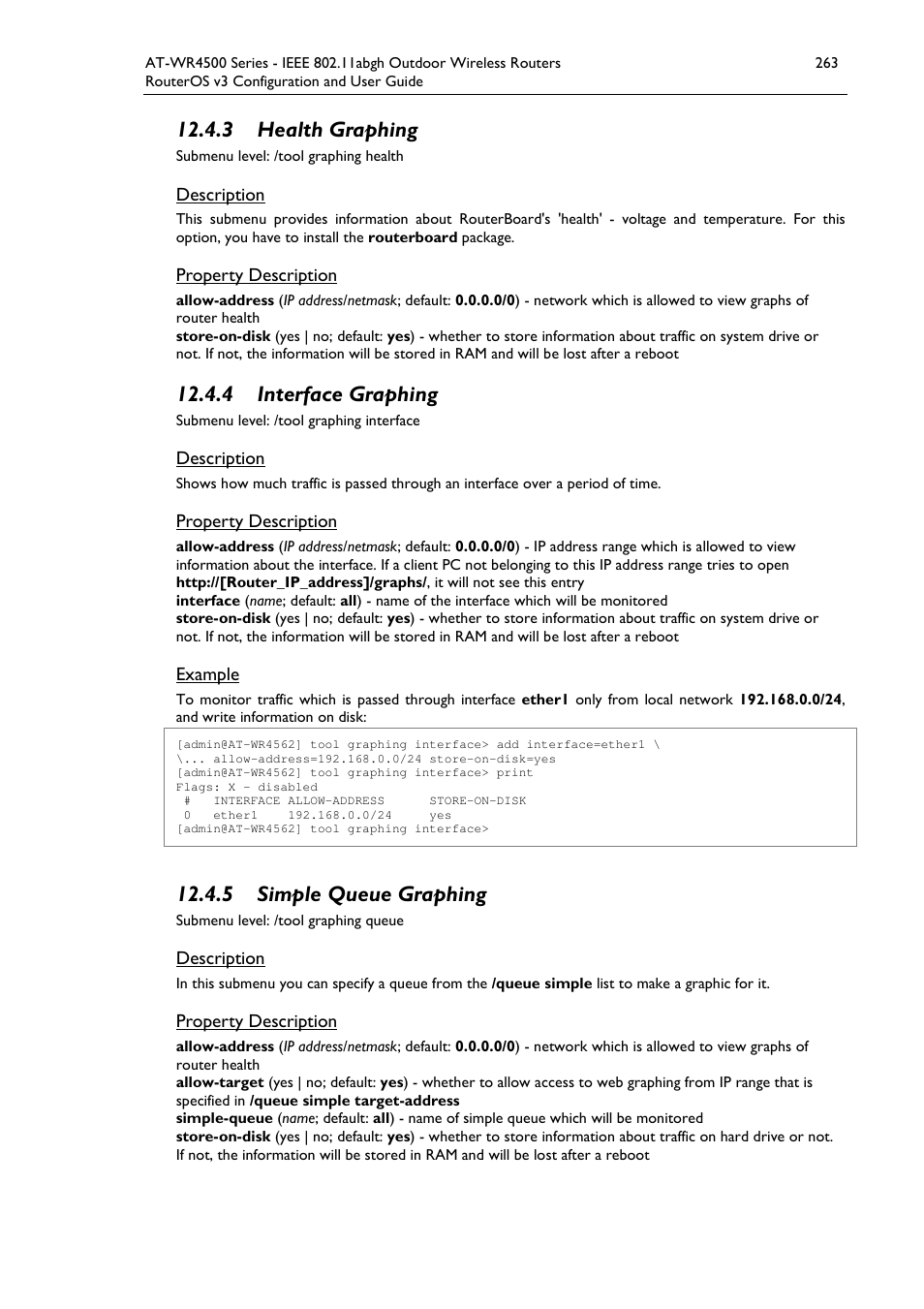 3 health graphing, 4 interface graphing, 5 simple queue graphing | Allied Telesis AT-WR4500 User Manual | Page 263 / 264