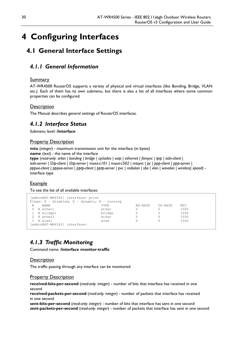 4 configuring interfaces, 1 general interface settings, 1 general information | 2 interface status, 3 traffic monitoring | Allied Telesis AT-WR4500 User Manual | Page 30 / 264