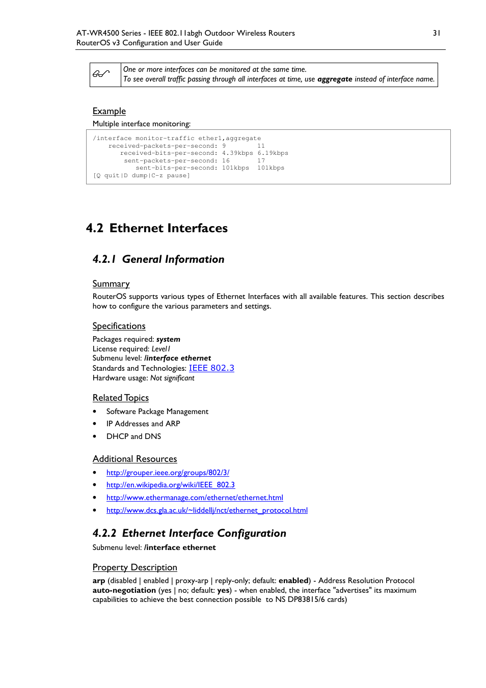 2 ethernet interfaces, 1 general information, 2 ethernet interface configuration | Allied Telesis AT-WR4500 User Manual | Page 31 / 264