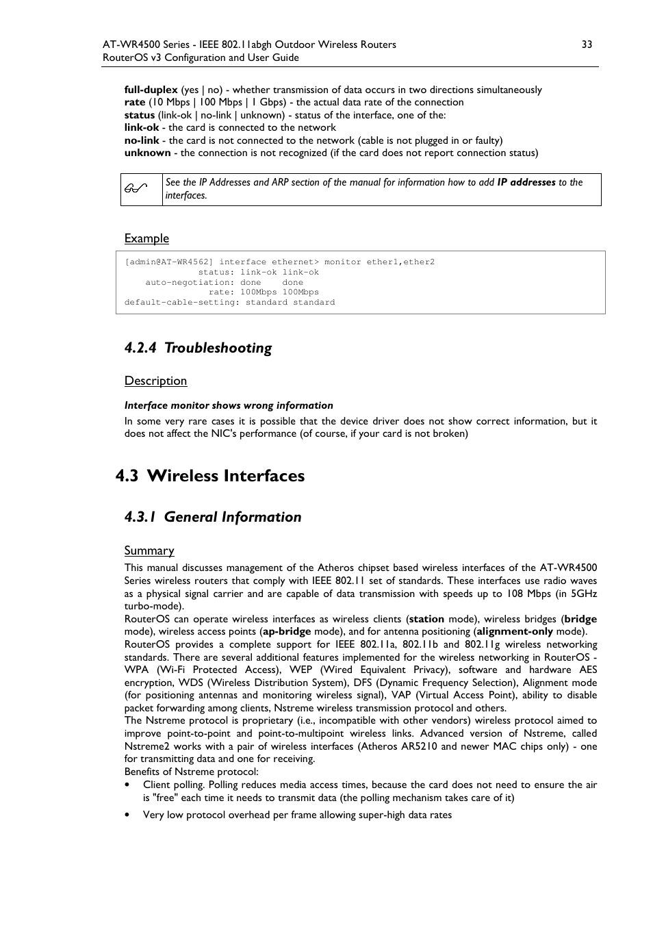 3 wireless interfaces, 4 troubleshooting, 1 general information | Example, Description, Summary | Allied Telesis AT-WR4500 User Manual | Page 33 / 264