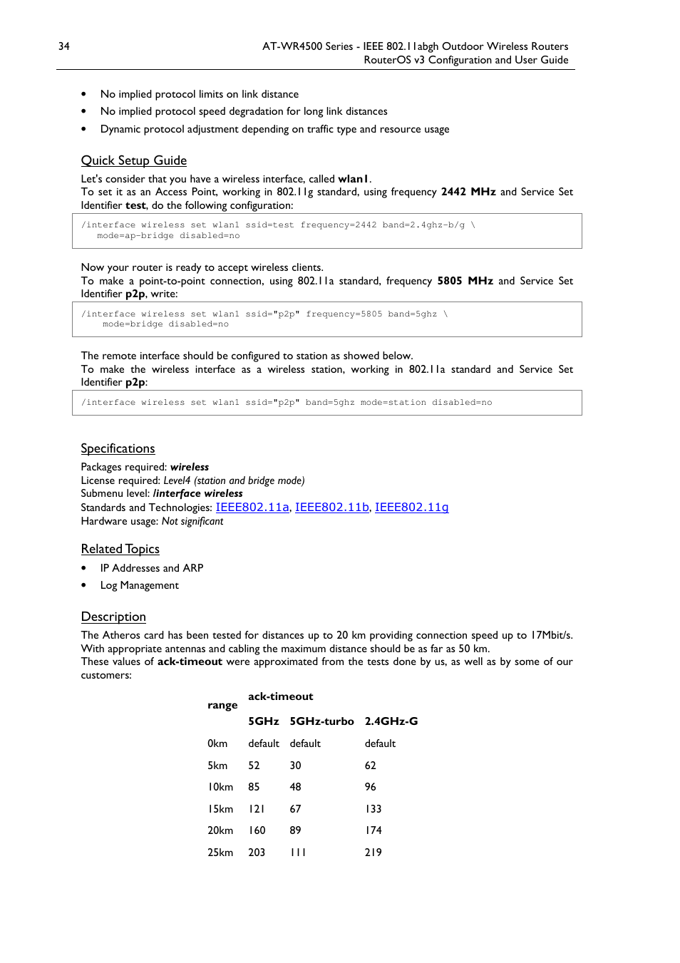 Quick setup guide, Specifications, Related topics | Description | Allied Telesis AT-WR4500 User Manual | Page 34 / 264