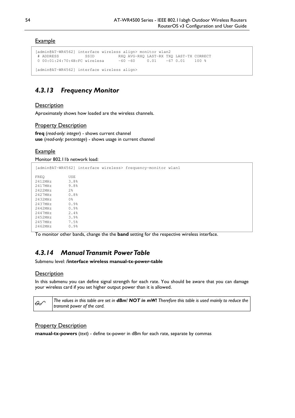 13 frequency monitor, 14 manual transmit power table | Allied Telesis AT-WR4500 User Manual | Page 54 / 264