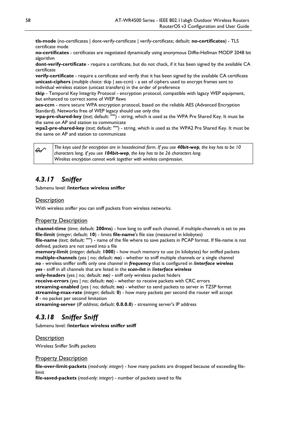 17 sniffer, 18 sniffer sniff | Allied Telesis AT-WR4500 User Manual | Page 58 / 264