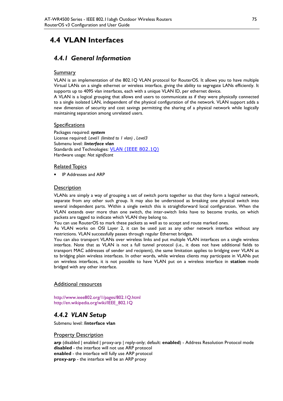4 vlan interfaces, 1 general information, 2 vlan setup | Allied Telesis AT-WR4500 User Manual | Page 75 / 264