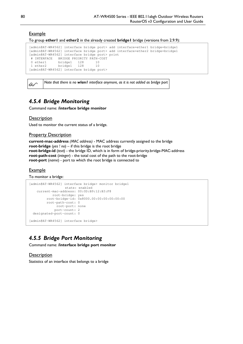 4 bridge monitoring, 5 bridge port monitoring | Allied Telesis AT-WR4500 User Manual | Page 80 / 264