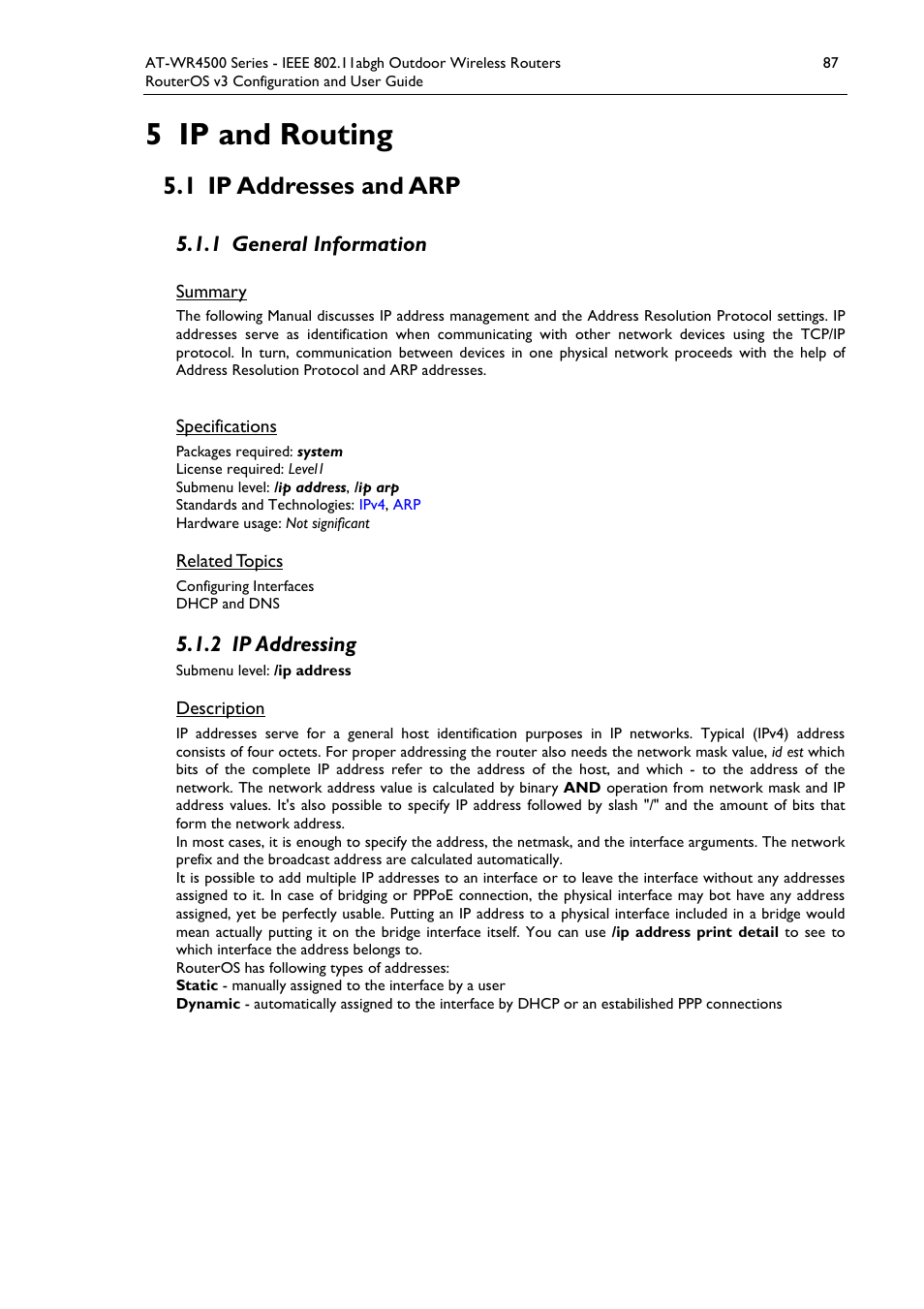 5 ip and routing, 1 ip addresses and arp, 1 general information | 2 ip addressing | Allied Telesis AT-WR4500 User Manual | Page 87 / 264
