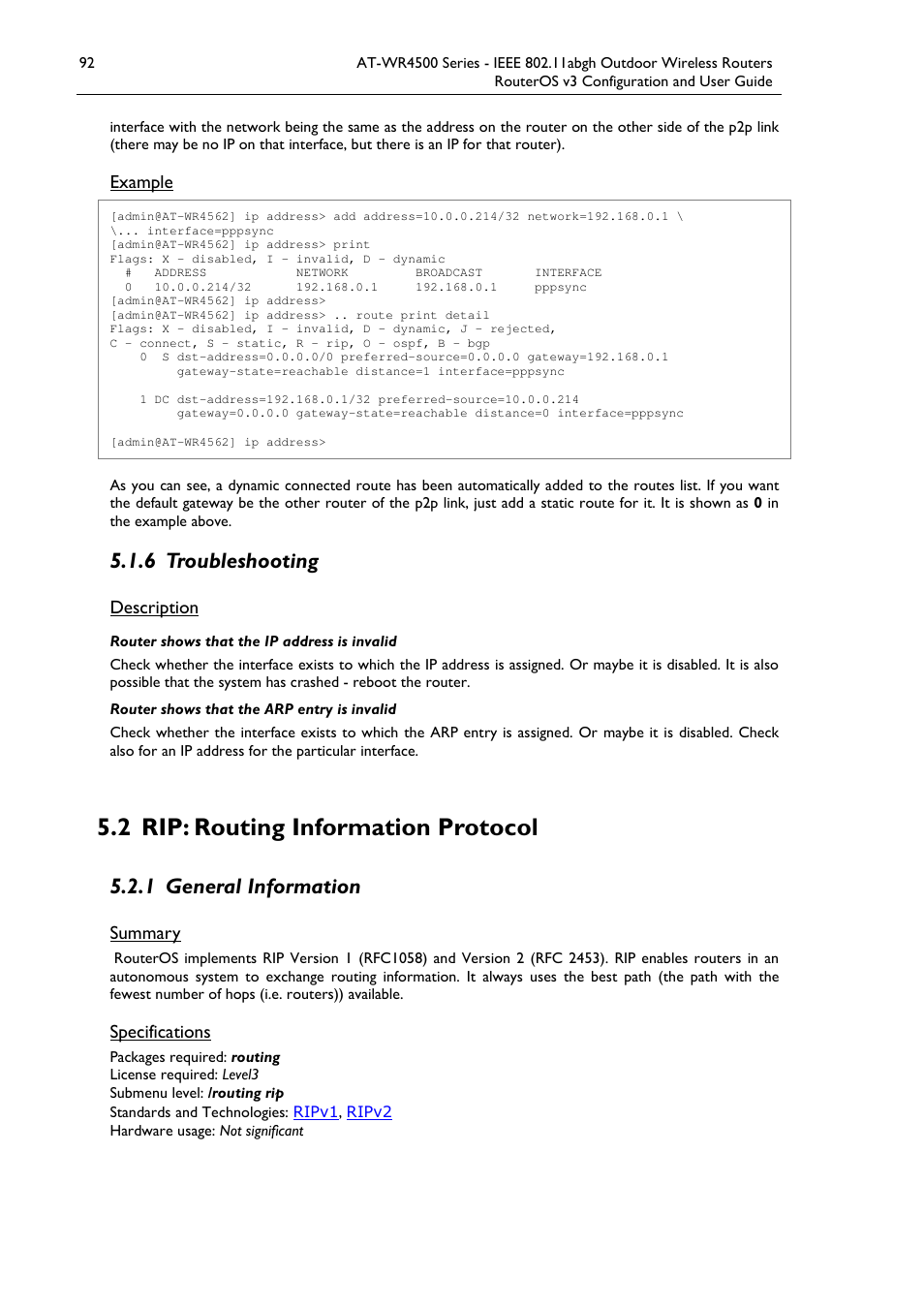 2 rip: routing information protocol, 6 troubleshooting, 1 general information | Allied Telesis AT-WR4500 User Manual | Page 92 / 264