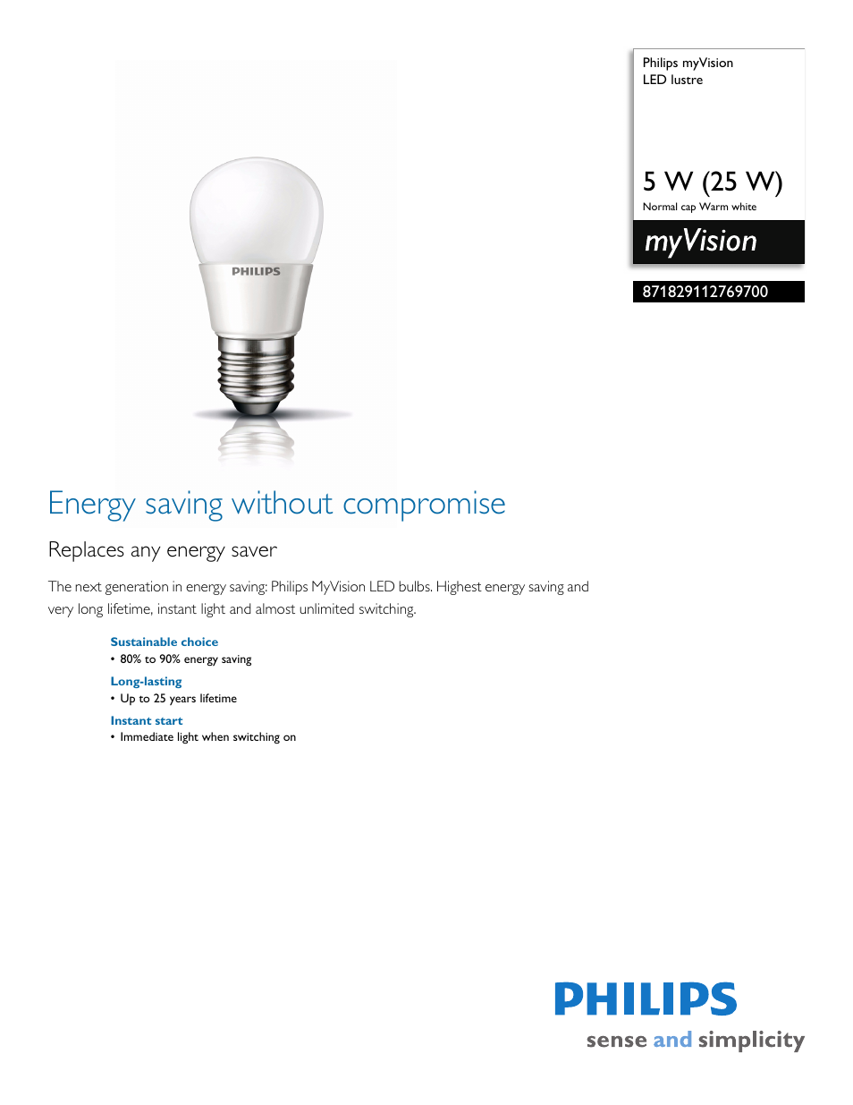 Philips myVision LED lustre 871829112769700 5 W 25 W Normal cap Warm white User Manual | 2 pages