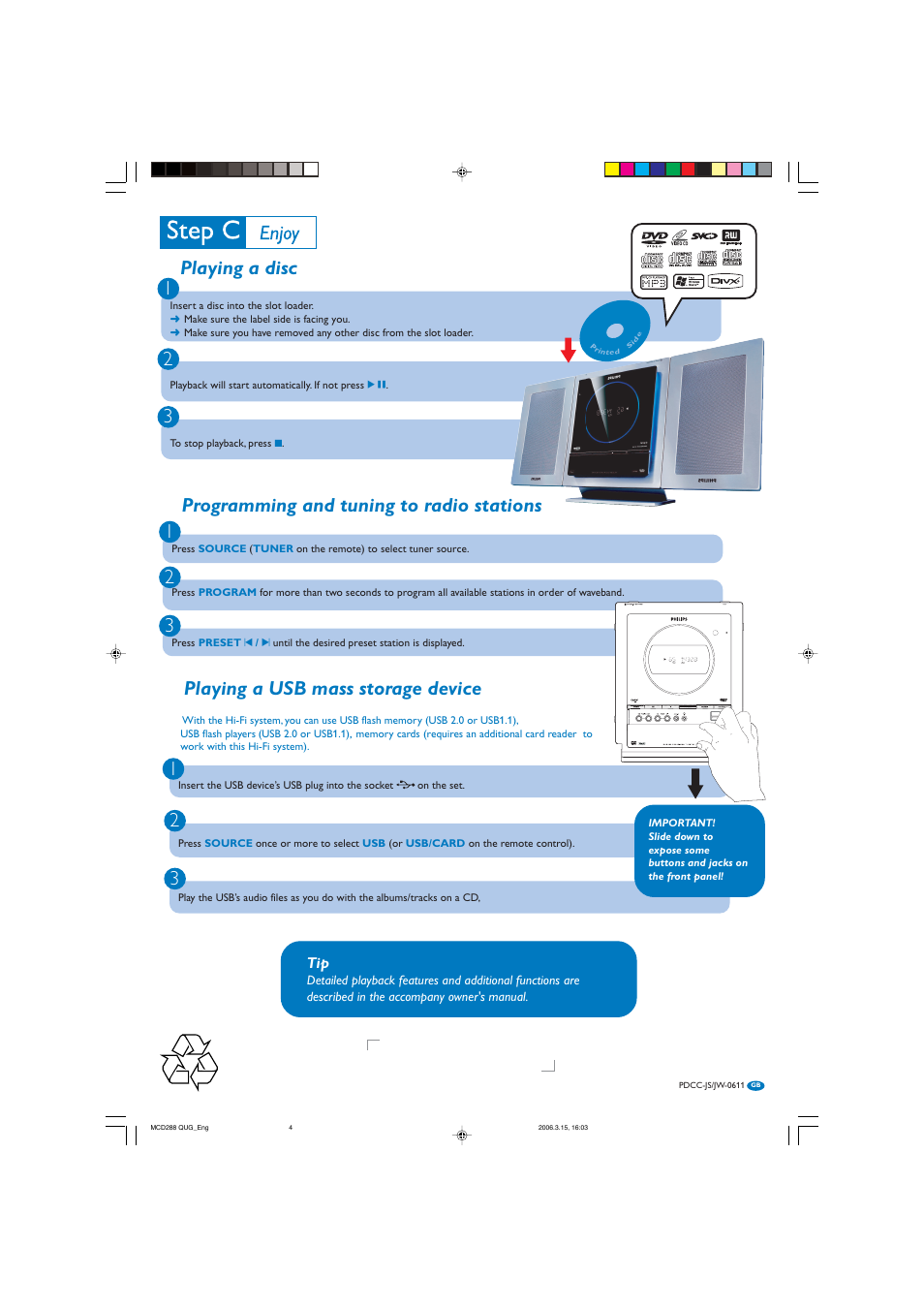 Playing a disc 1 2 3, Programming and tuning to radio stations 1 2 3, Playing a usb mass storage device | Philips MCD288-37B User Manual | Page 4 / 4