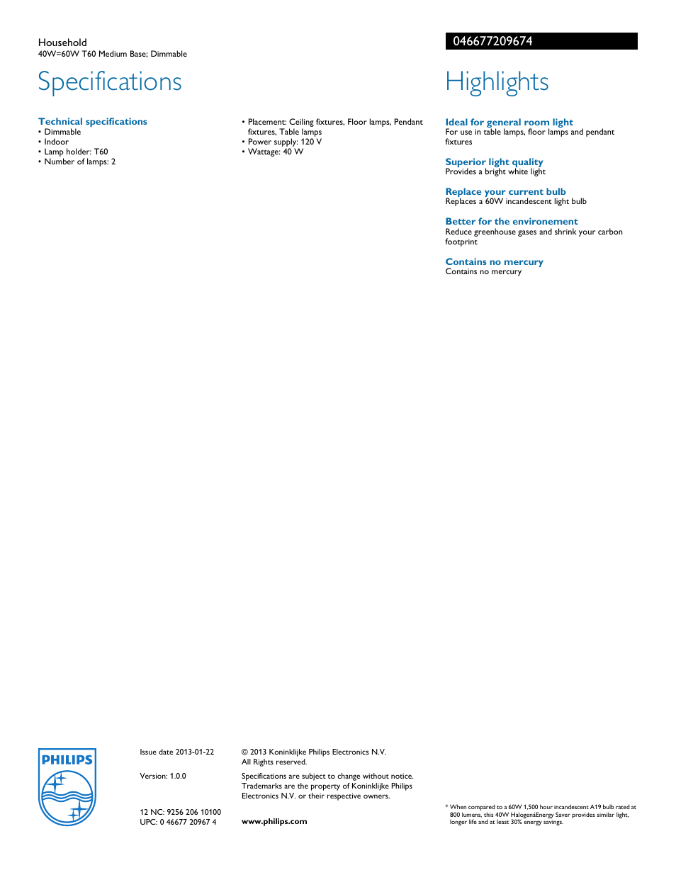 Specifications, Highlights | Philips 046677209674 User Manual | Page 2 / 2
