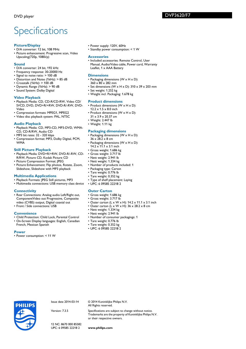 Specifications | Philips DVP3620-F7 User Manual | Page 3 / 3