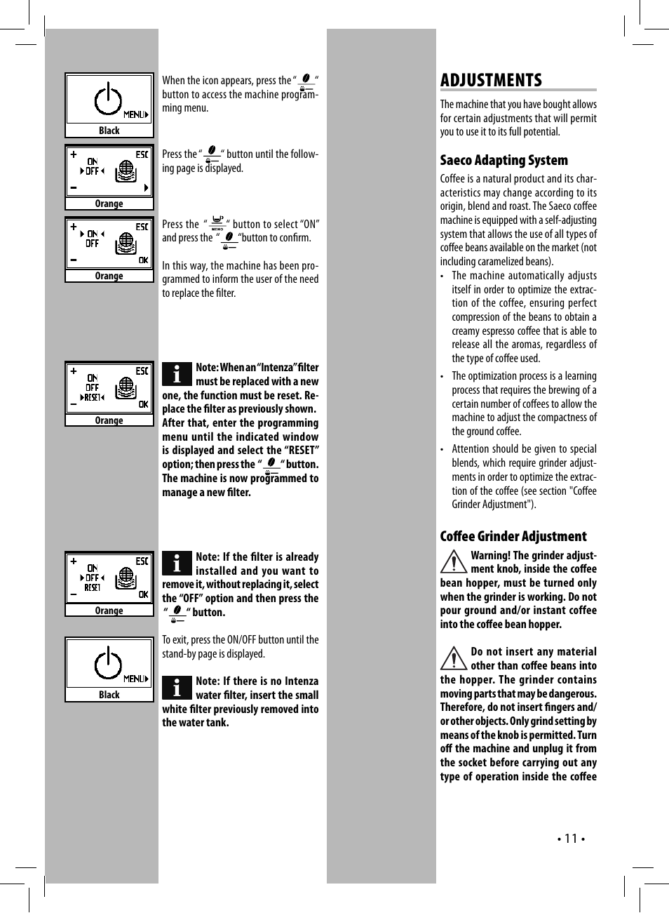 Adjustments, Saeco adapting system, Coff ee grinder adjustment | Philips HD8837-47 User Manual | Page 11 / 28