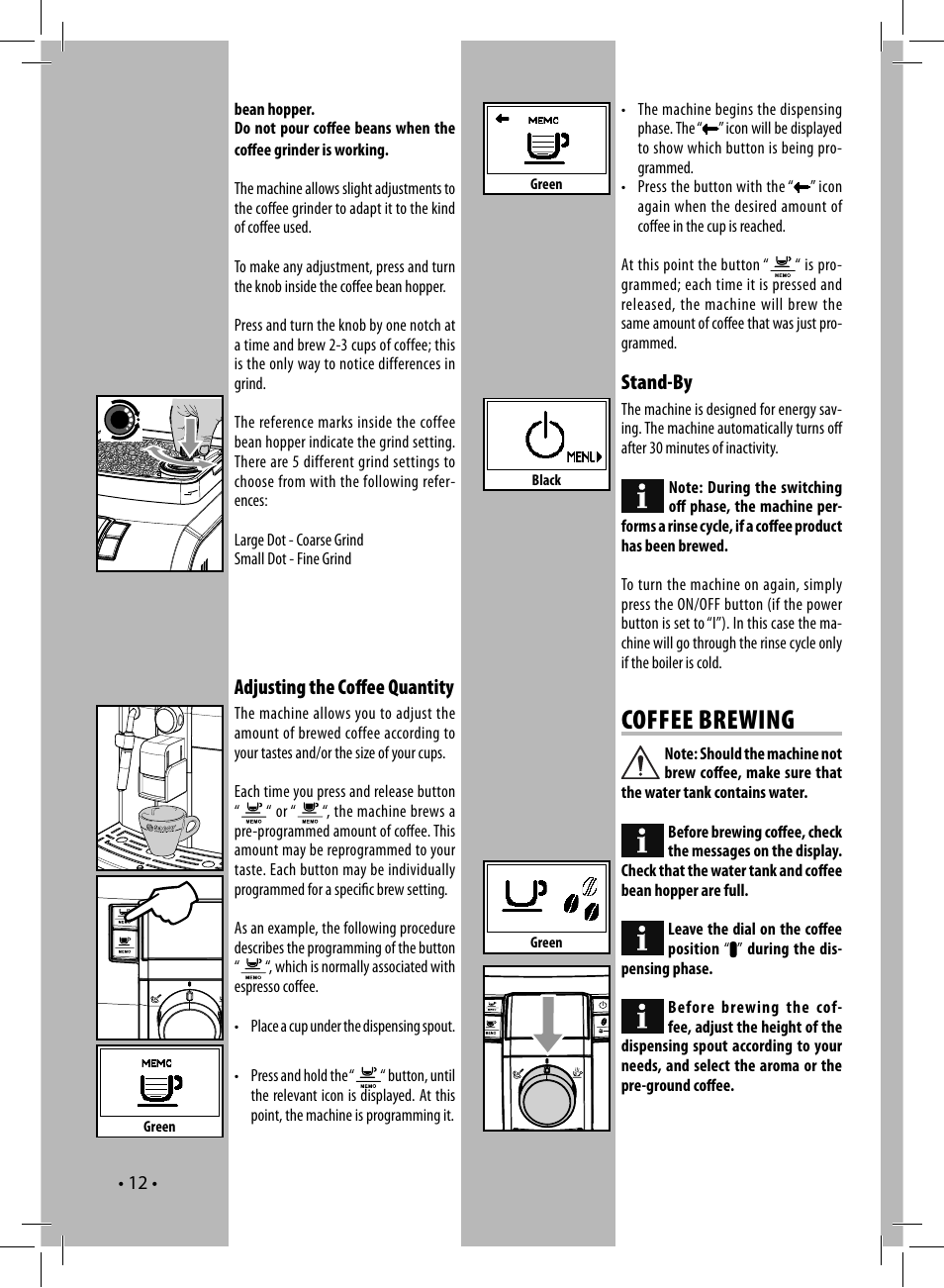 Coffee brewing, Stand-by, Adjusting the coff ee quantity | Philips HD8837-47 User Manual | Page 12 / 28
