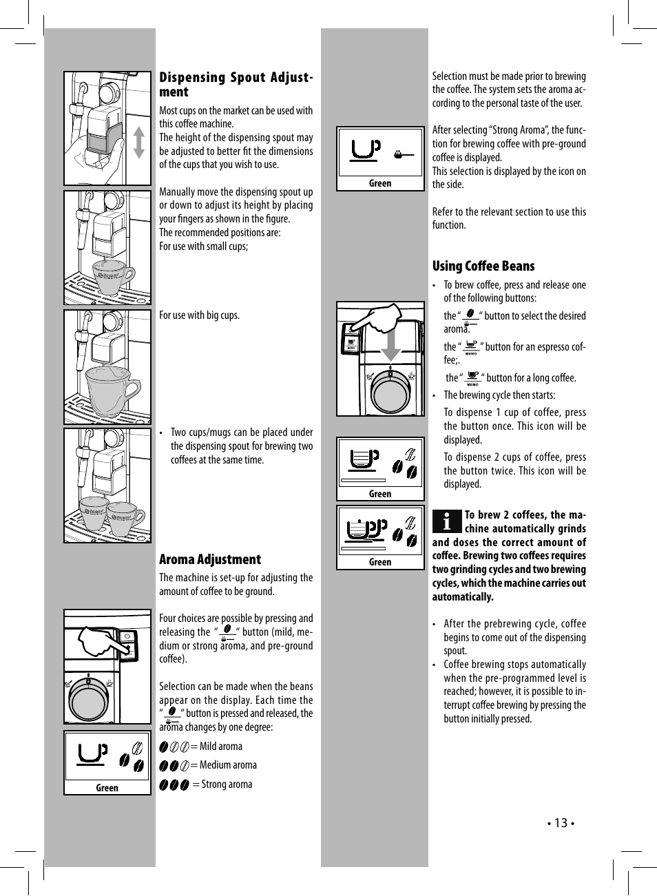 Dispensing spout adjust- ment, Aroma adjustment, Using coff ee beans | Philips HD8837-47 User Manual | Page 13 / 28