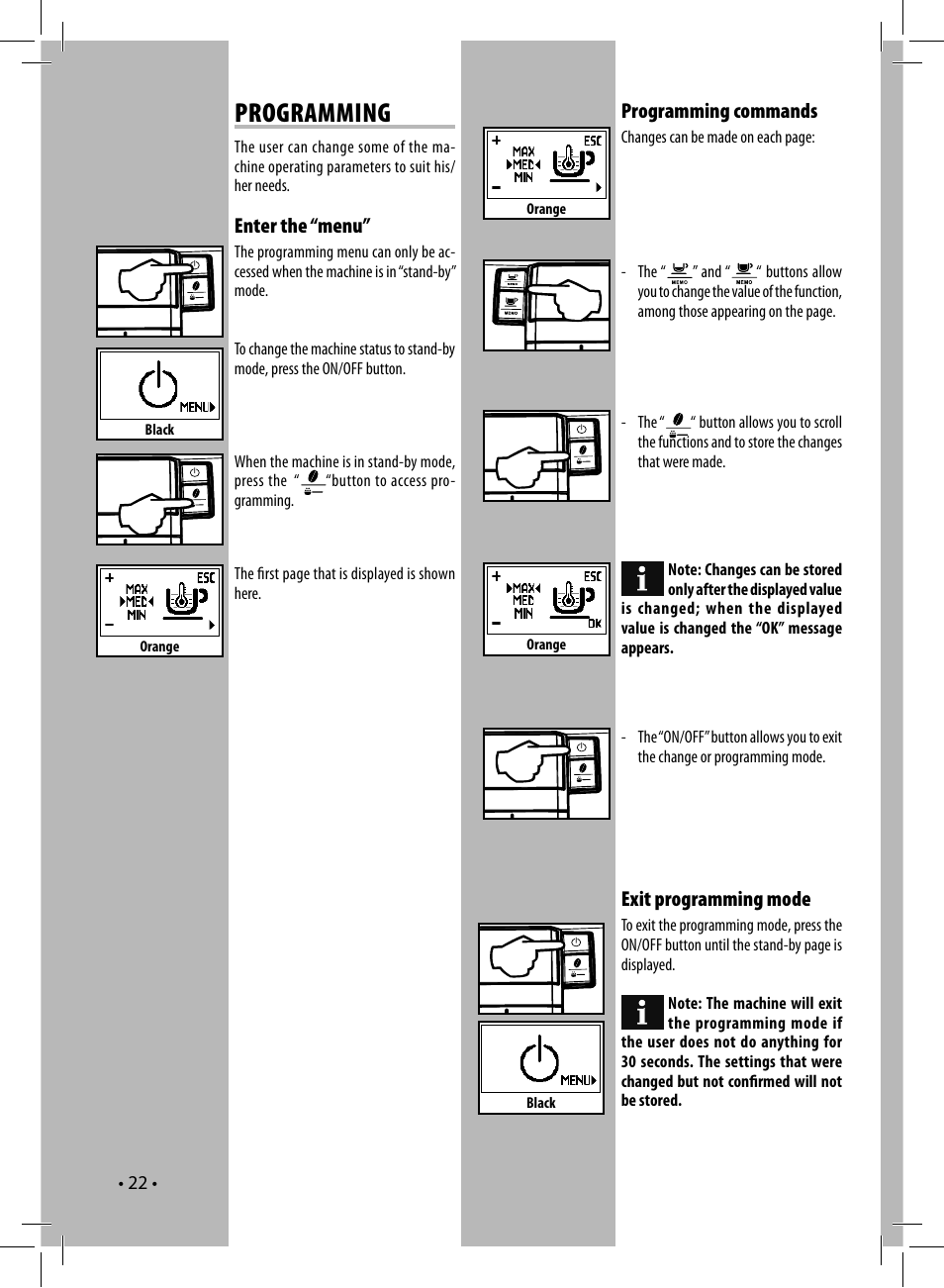 Programming, Enter the “menu, Exit programming mode | Programming commands | Philips HD8837-47 User Manual | Page 22 / 28