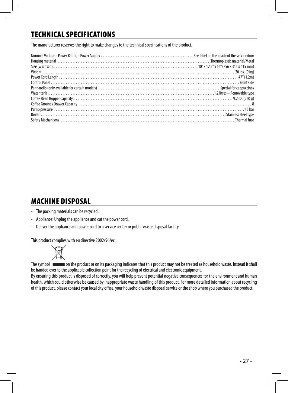 Technical specifications, Machine disposal | Philips HD8837-47 User Manual | Page 27 / 28