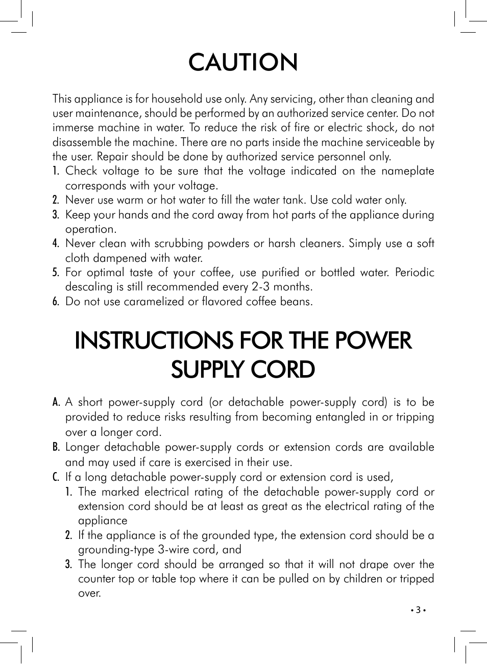 Caution, Instructions for the power supply cord | Philips HD8837-47 User Manual | Page 3 / 28