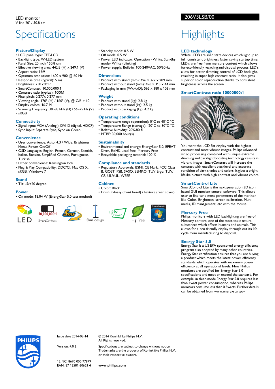 Specifications, Highlights | Philips 206V3LSB-00 User Manual | Page 2 / 2