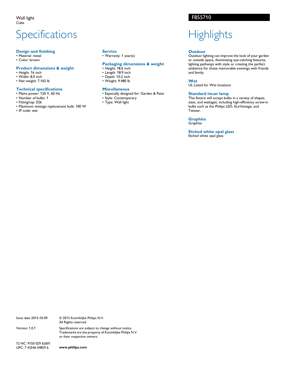 Specifications, Highlights | Philips F855710 User Manual | Page 2 / 2