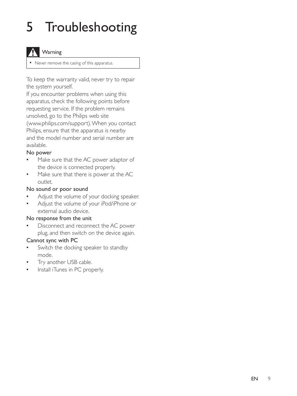 5 troubleshooting | Philips DS6100-37 User Manual | Page 10 / 15