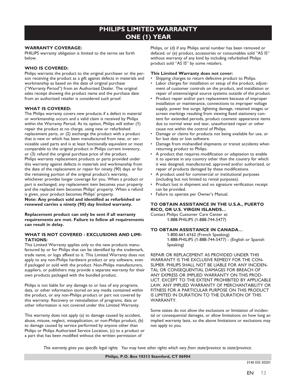 Philips limited warranty one (1) year | Philips DS6100-37 User Manual | Page 14 / 15