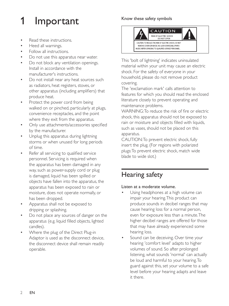 1 important, Hearing safety | Philips DS6100-37 User Manual | Page 3 / 15