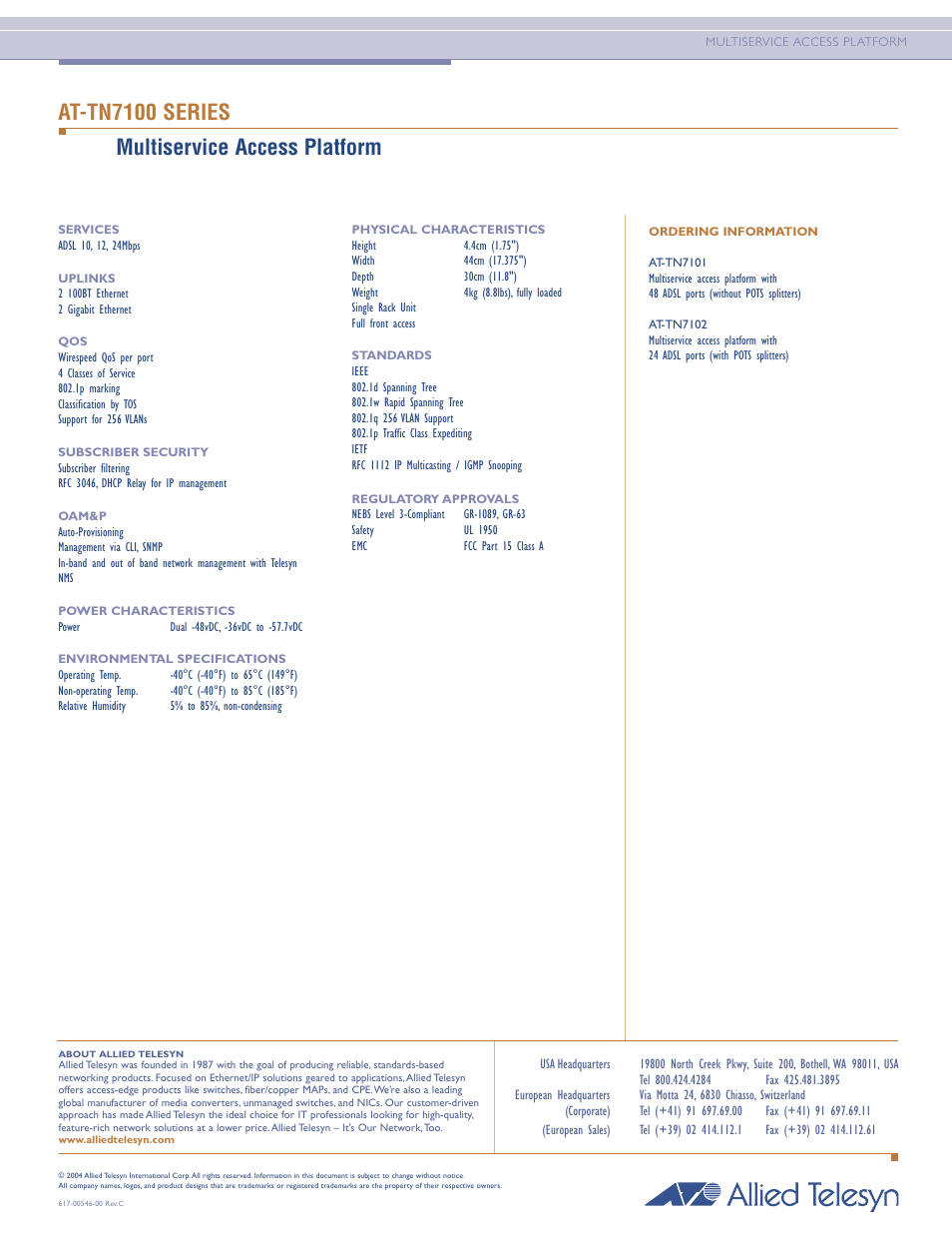 At-tn7100 series multiservice access platform | Allied Telesis AT-TN7100 User Manual | Page 2 / 2