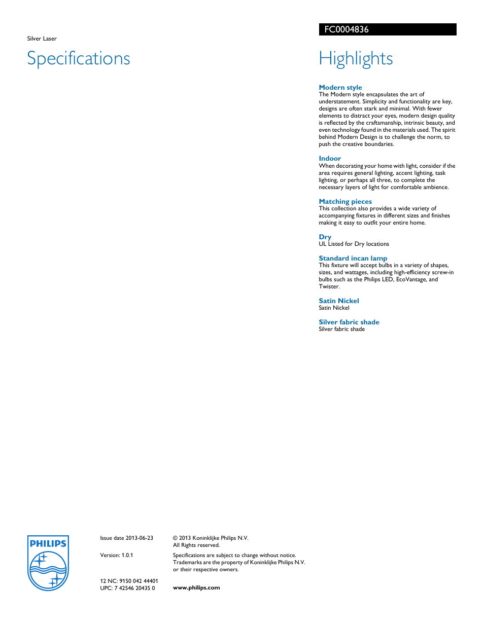 Specifications, Highlights | Philips FC0004836 User Manual | Page 2 / 2