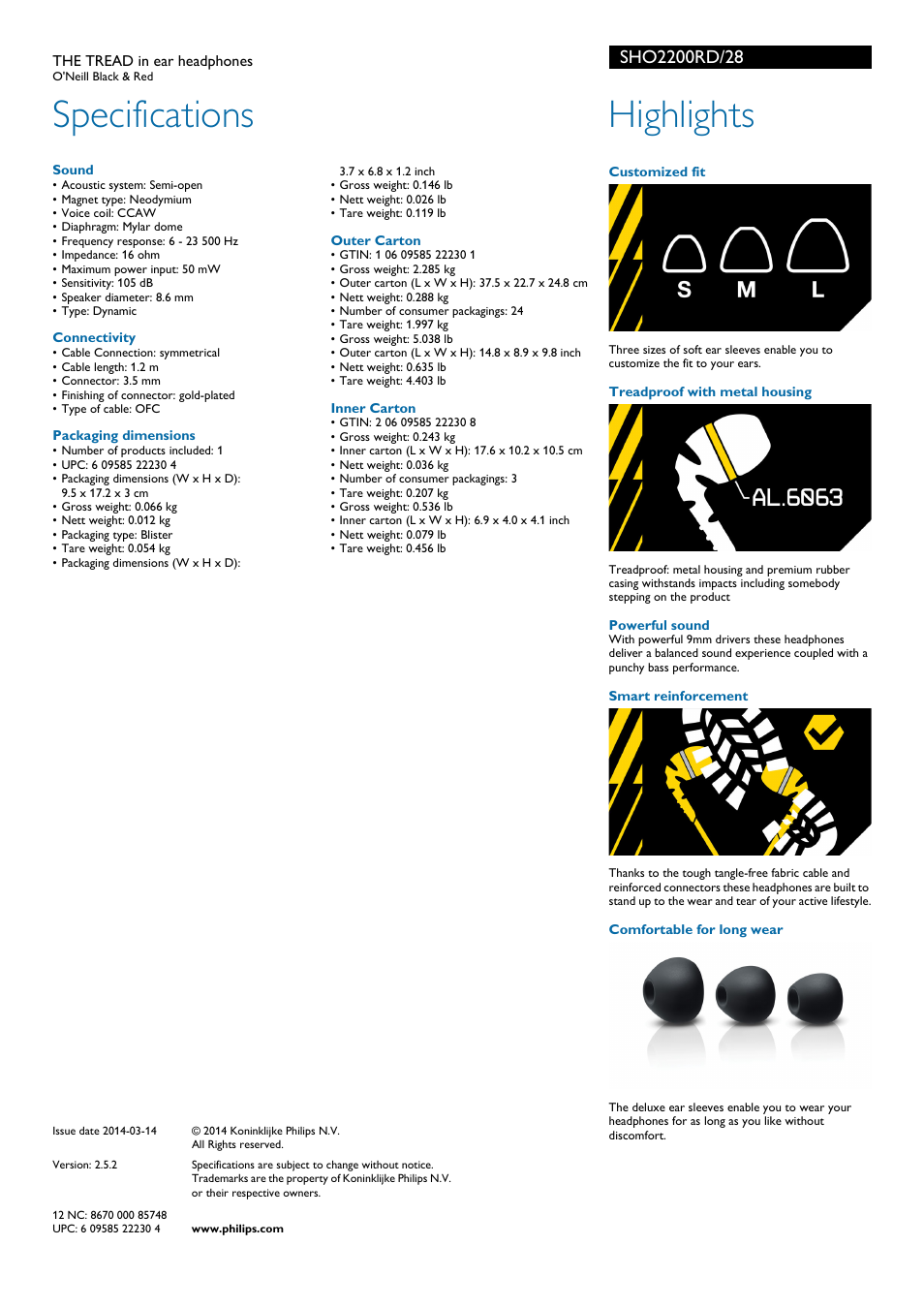 Specifications, Highlights | Philips SHO2200RD-28 User Manual | Page 2 / 2