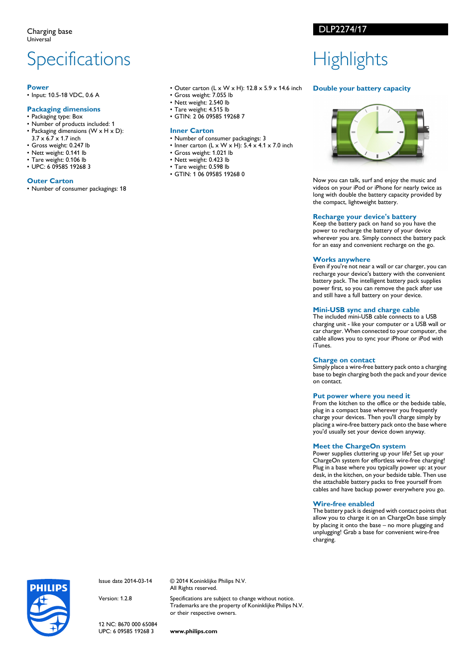 Specifications, Highlights | Philips DLP2274-17 User Manual | Page 2 / 2