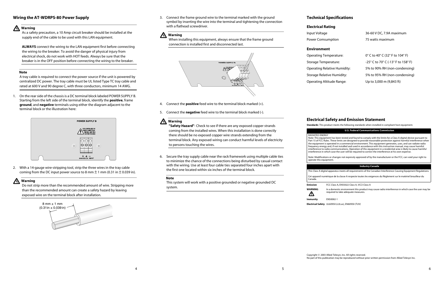 Wiring the at-wdrps-80 power supply, Technical specifications, Electrical safety and emission statement | Allied Telesis AT-WDRPS-80 User Manual | Page 2 / 2