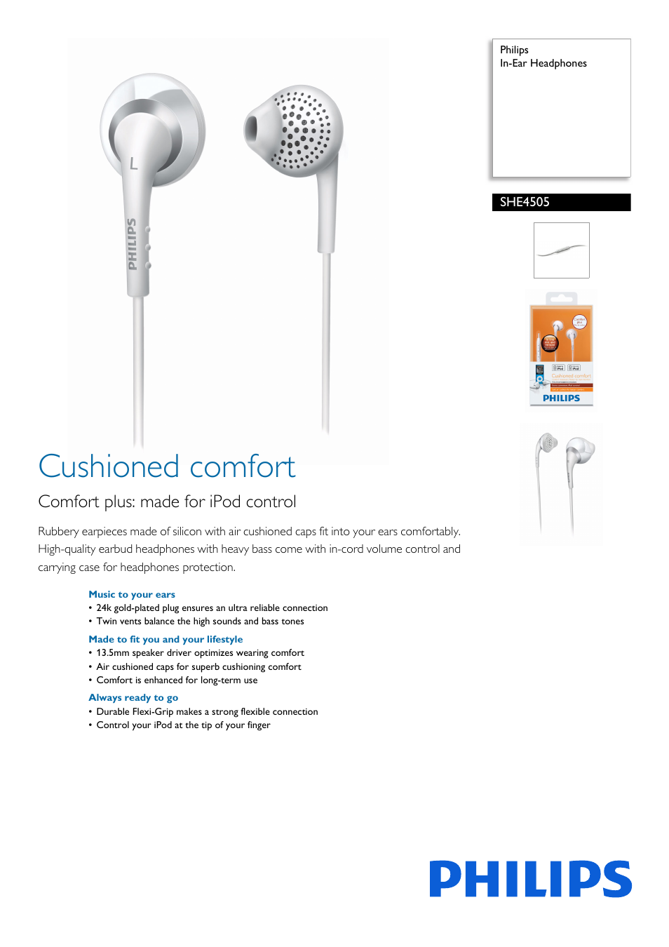 Philips In-Ear Headphones SHE4505 User Manual | 2 pages