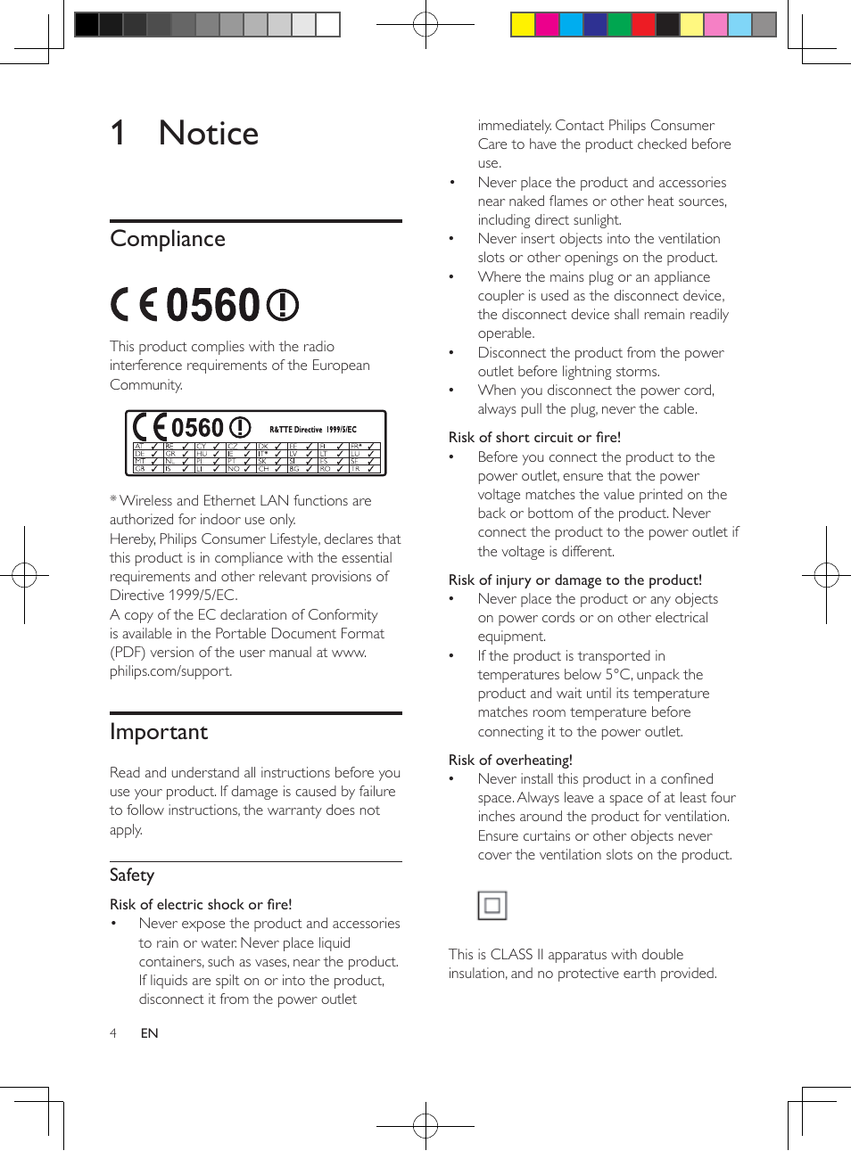 1 notice, Compliance, Important | Safety, Care of the environment | Philips Wireless Rear Audio module RWSS9512 User Manual | Page 3 / 7