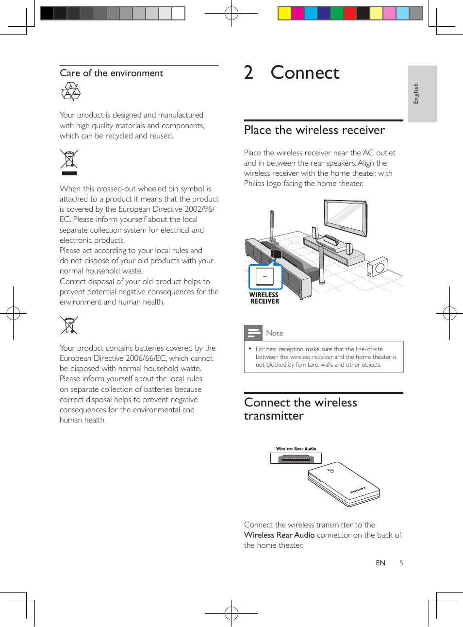 2 connect, Place the wireless receiver, Connect the wireless transmitter | Philips Wireless Rear Audio module RWSS9512 User Manual | Page 4 / 7