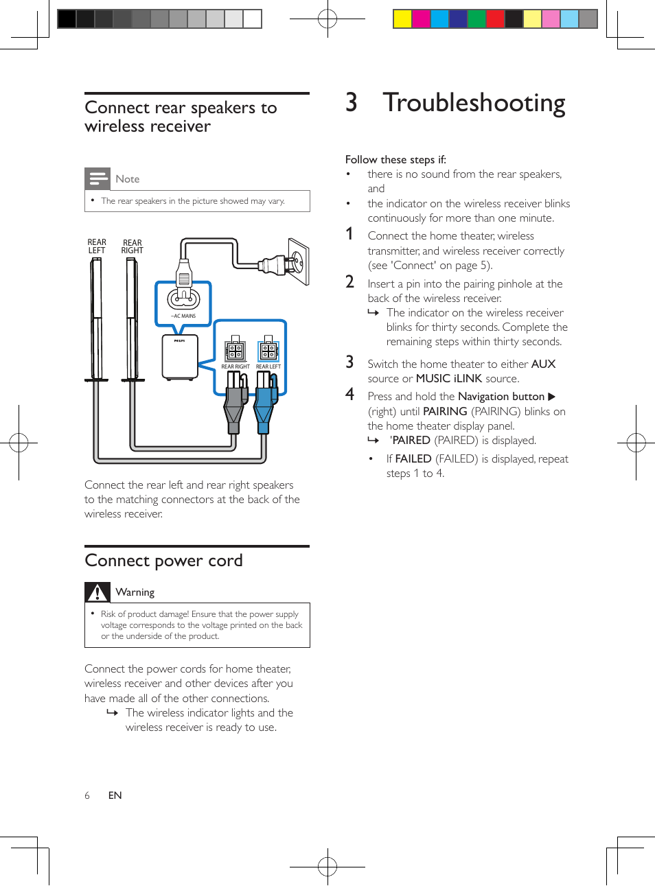 2 connect, Place the wireless receiver, Connect the wireless transmitter | Connect rear speakers to wireless receiver, Connect power cord, 3 troubleshooting, Connect rear speakers to wireless, Receiver | Philips Wireless Rear Audio module RWSS9512 User Manual | Page 5 / 7