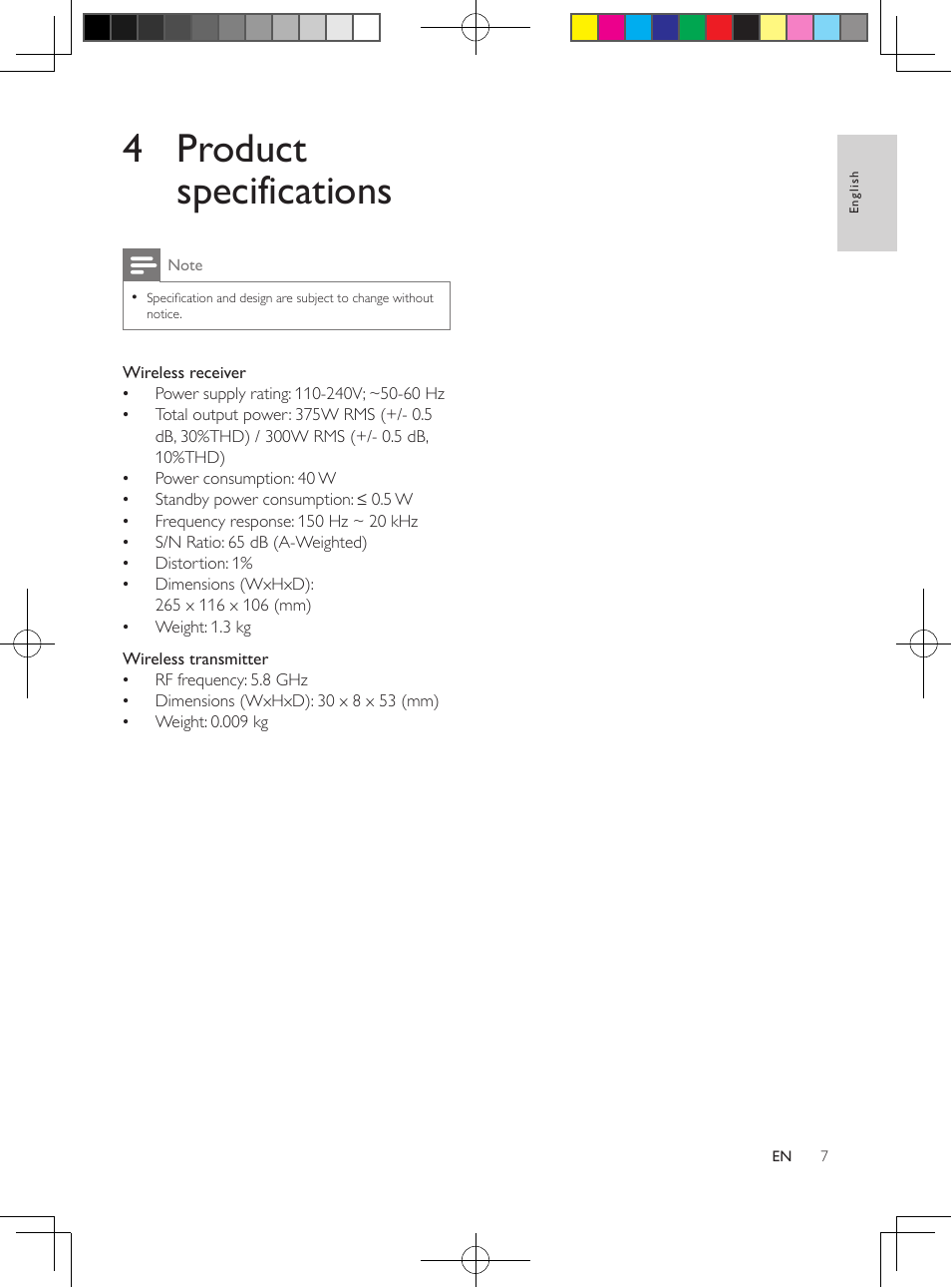 4 product specifications | Philips Wireless Rear Audio module RWSS9512 User Manual | Page 6 / 7