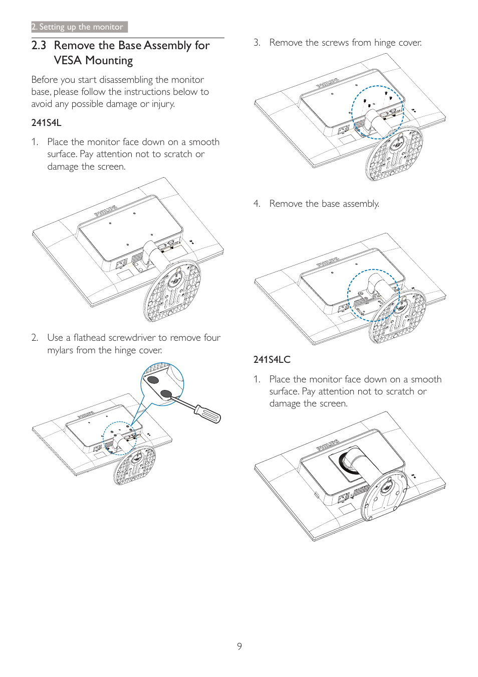 3 remove the base assembly for vesa mounting | Philips 241S4LSB-27 User Manual | Page 11 / 44