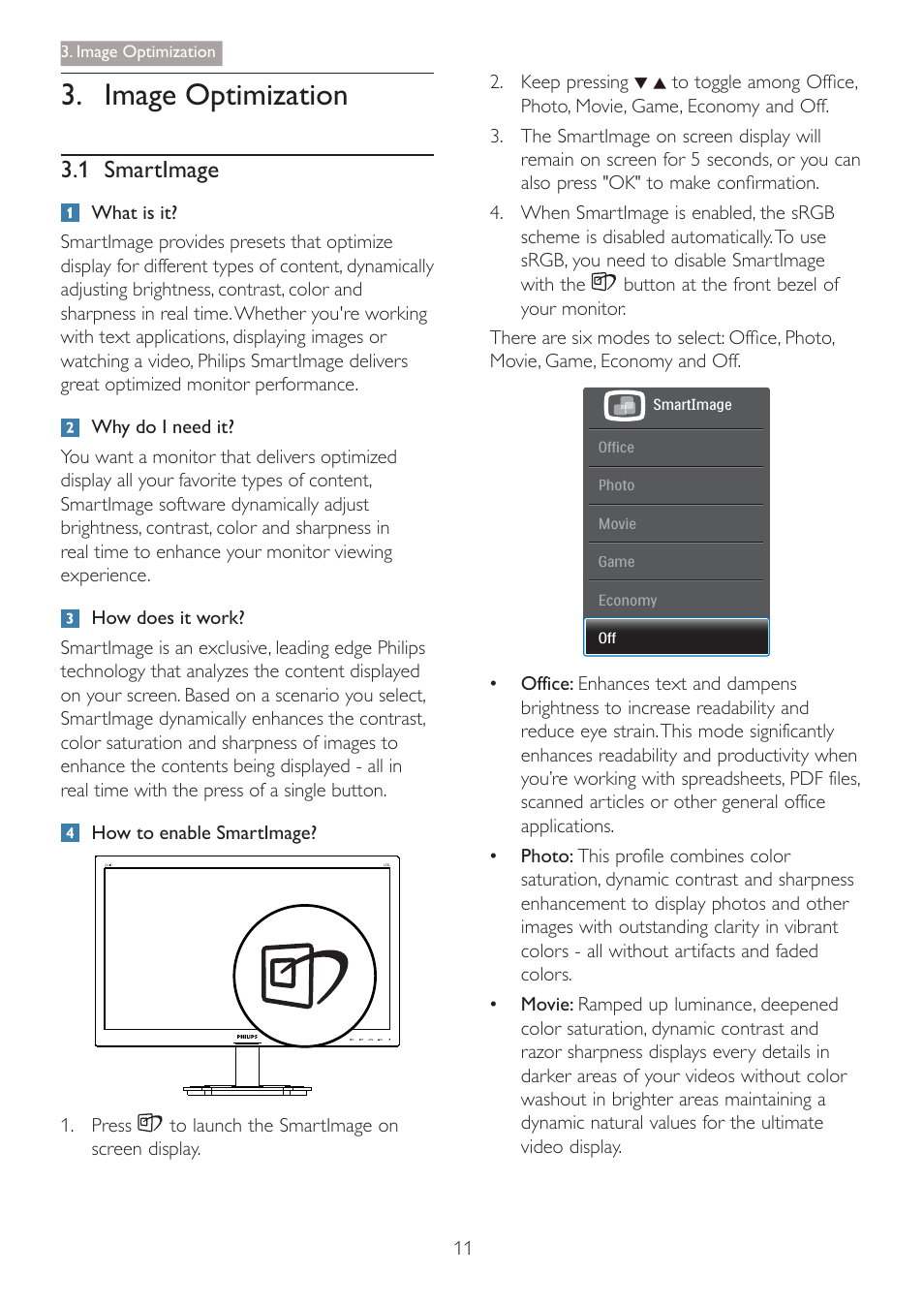 Image optimization, 1 smartimage | Philips 241S4LSB-27 User Manual | Page 13 / 44