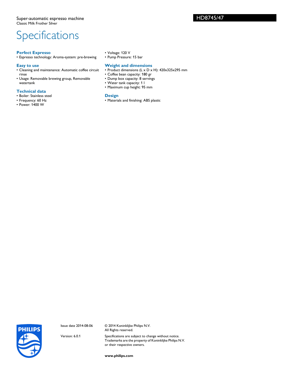 Specifications | Philips HD8745-47 User Manual | Page 3 / 3