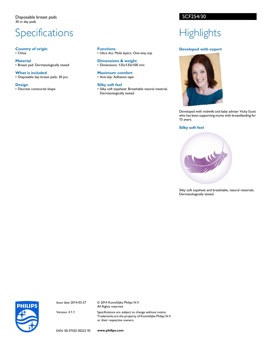 Specifications, Highlights | Philips SCF254-30 User Manual | Page 2 / 2