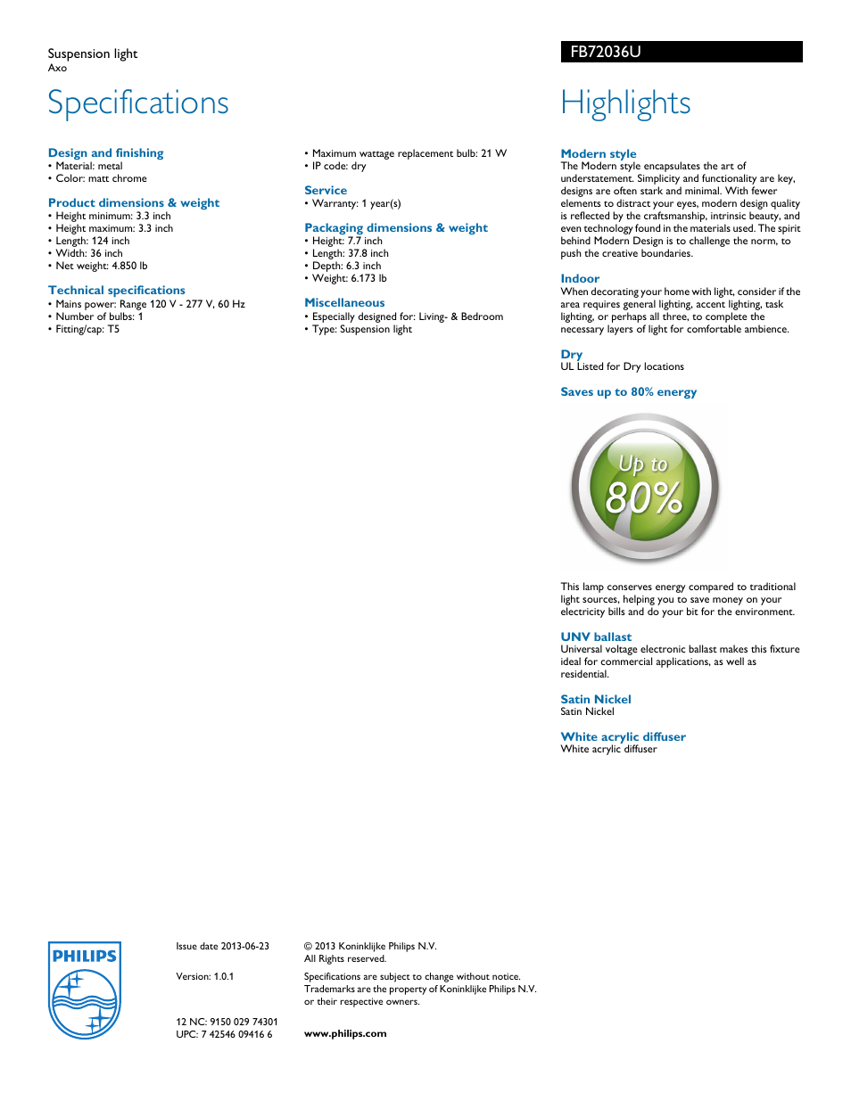 Specifications, Highlights | Philips FB72036U User Manual | Page 2 / 2