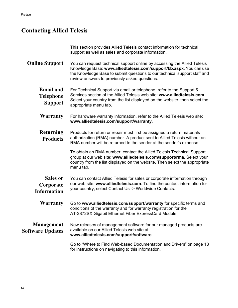 Contacting allied telesis, Online support, Email and telephone support | Warranty, Returning products, Sales or corporate information, Management software updates | Allied Telesis AT-2872SX User Manual | Page 14 / 78