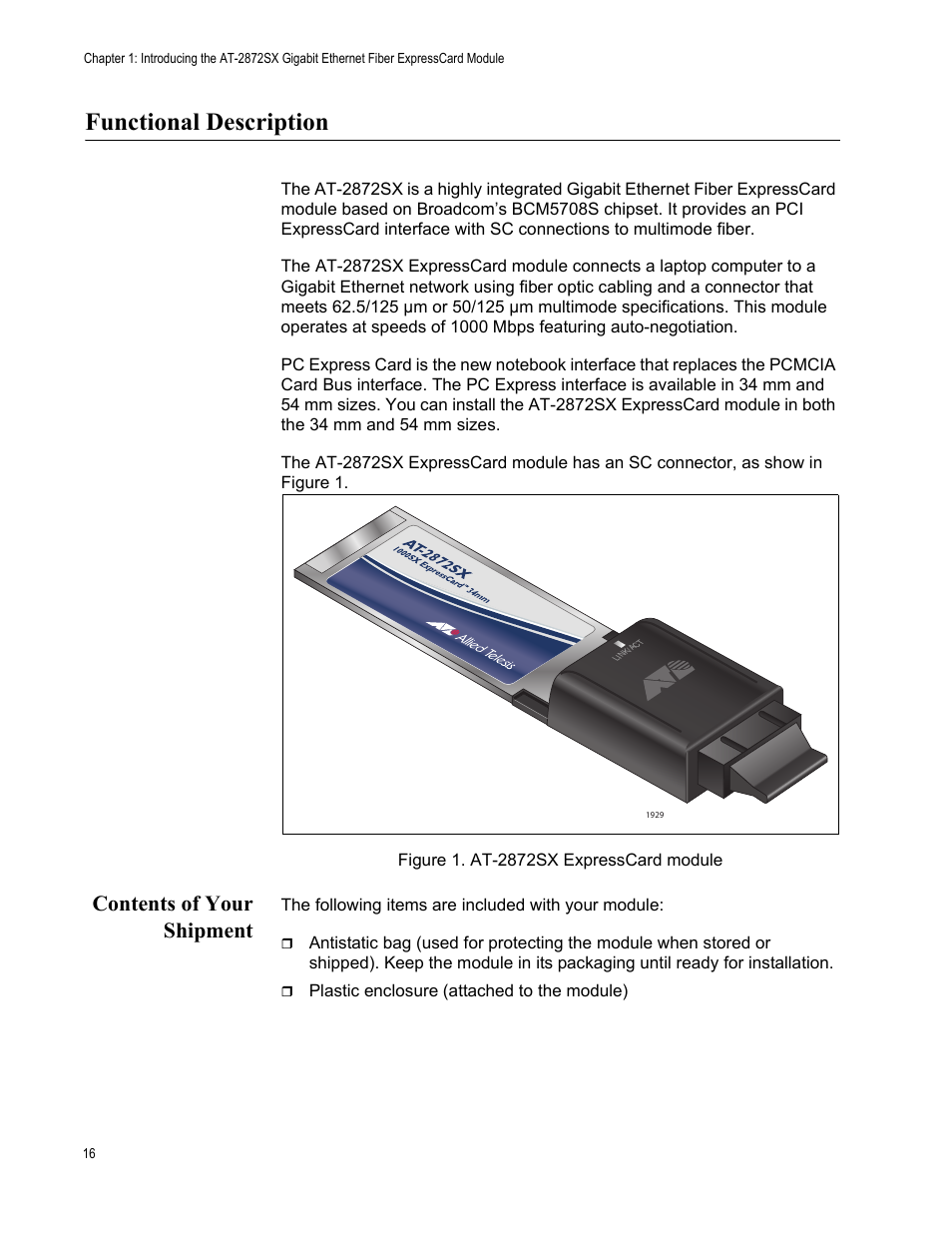 Functional description, Contents of your shipment, Figure 1. at-2872sx expresscard module | Allied Telesis AT-2872SX User Manual | Page 16 / 78