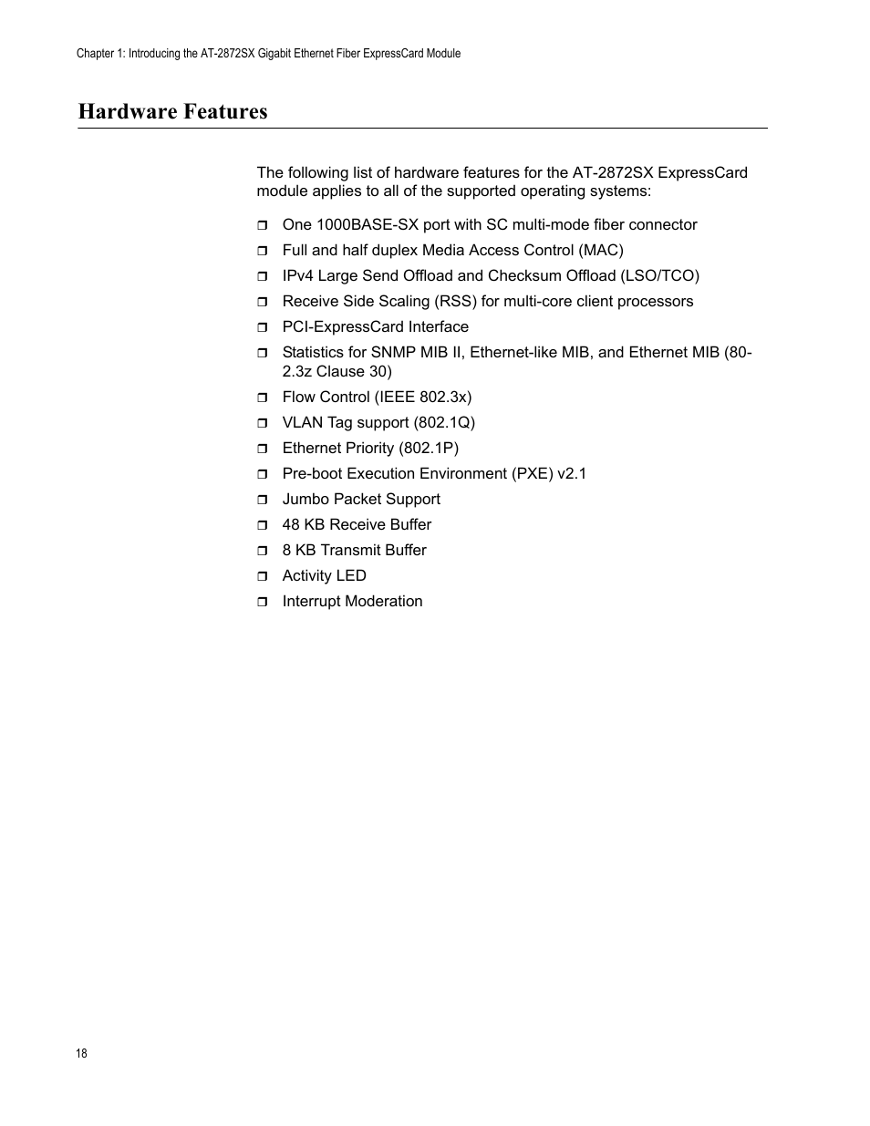 Hardware features | Allied Telesis AT-2872SX User Manual | Page 18 / 78