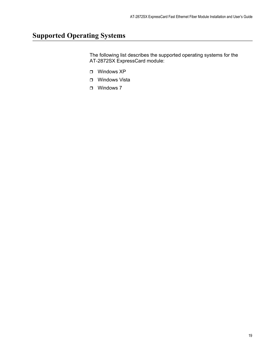 Supported operating systems | Allied Telesis AT-2872SX User Manual | Page 19 / 78