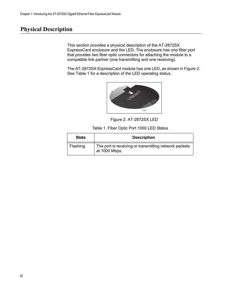 Physical description, Figure 2. at-2872sx led, Table 2: fiber optic port 1000 led status | Allied Telesis AT-2872SX User Manual | Page 20 / 78